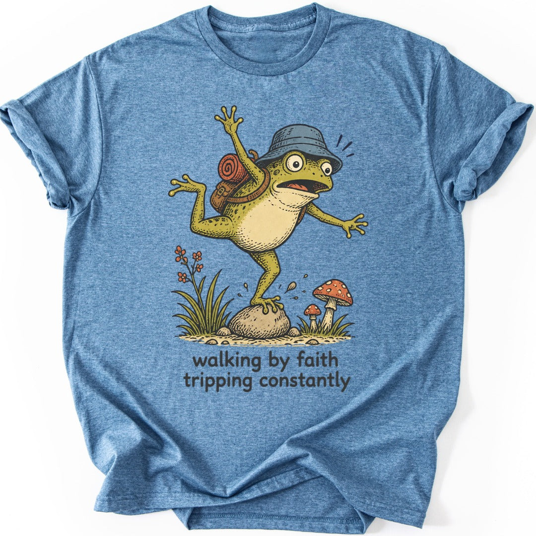 Tripping Hiker Frog T-shirt — Heather Indigo