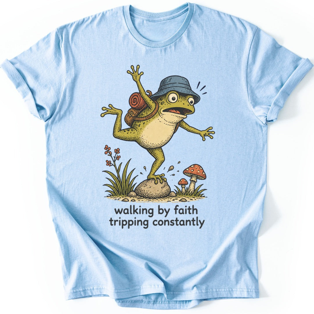 Tripping Hiker Frog T-shirt — Light Blue