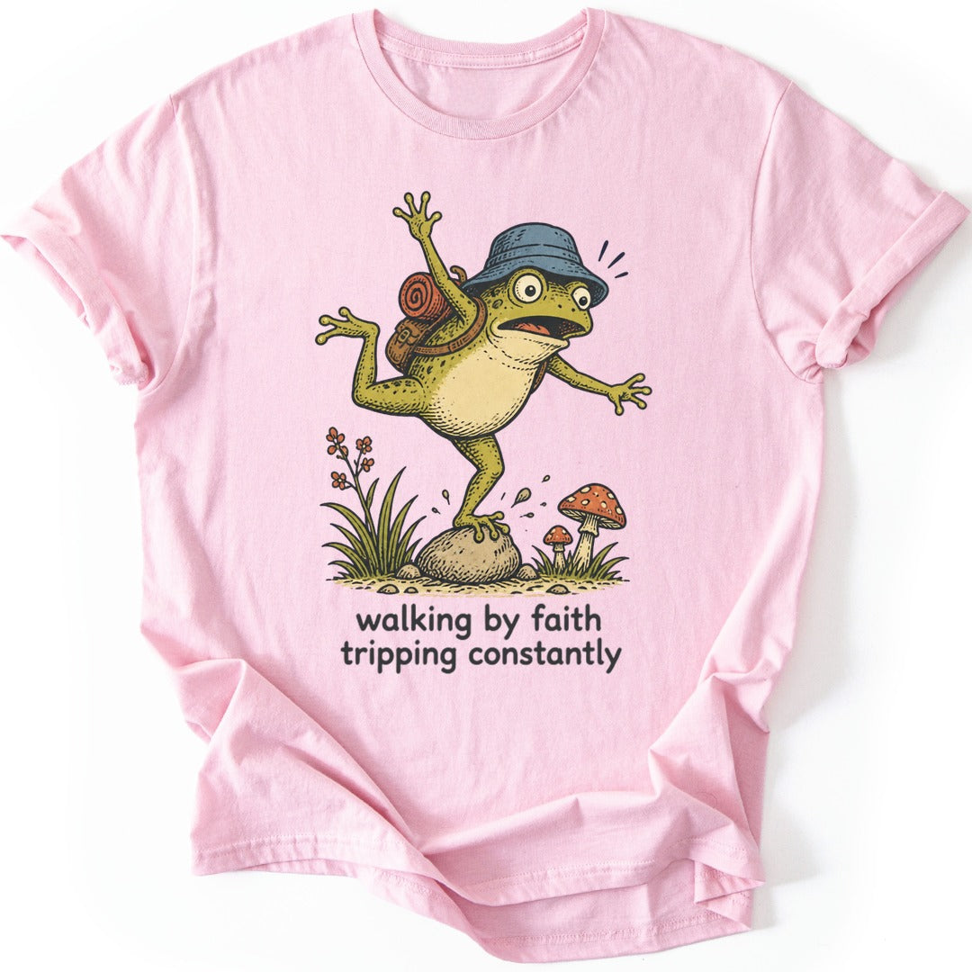 Tripping Hiker Frog T-shirt — Light Pink