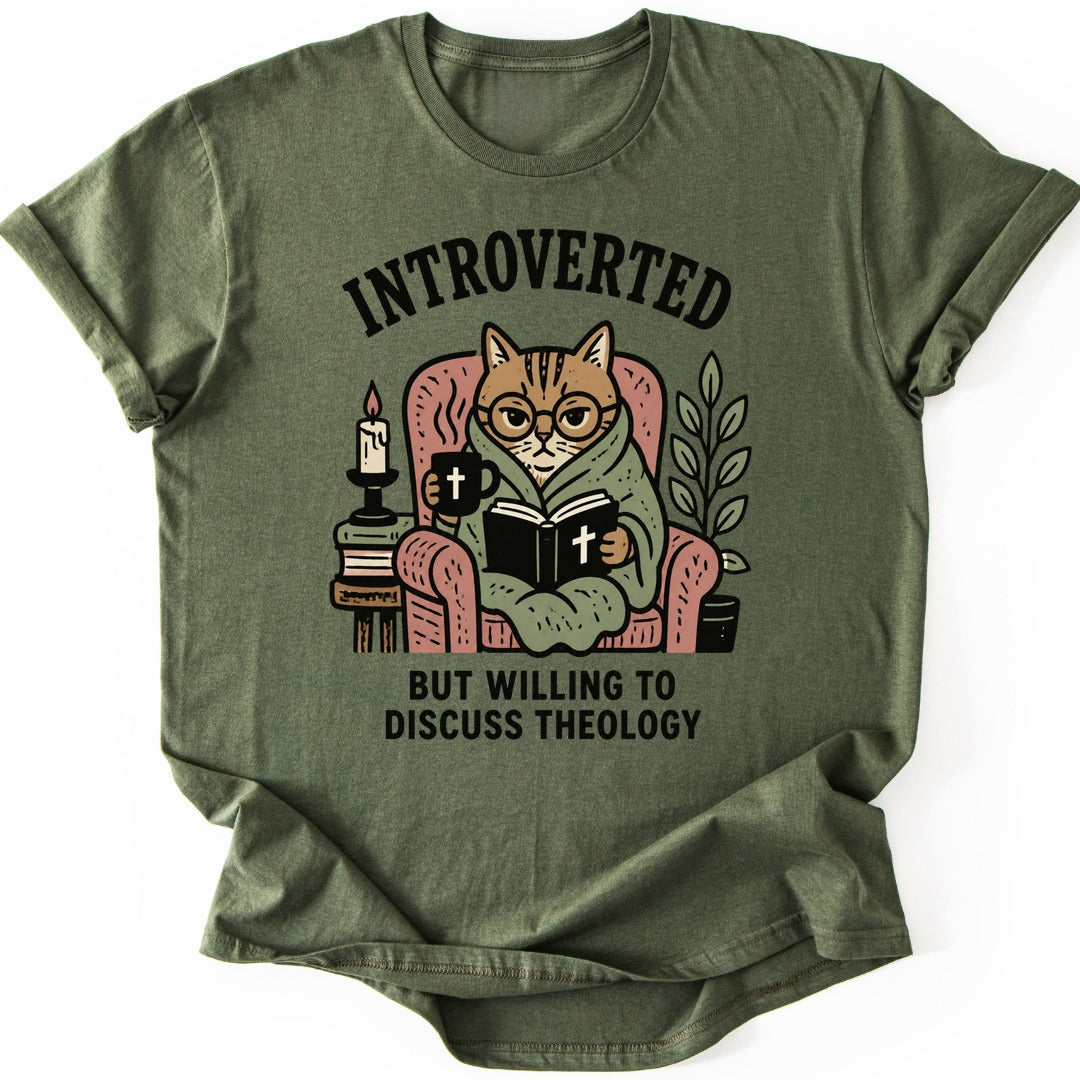 Introverted Theology Cat T-shirt — Military Green