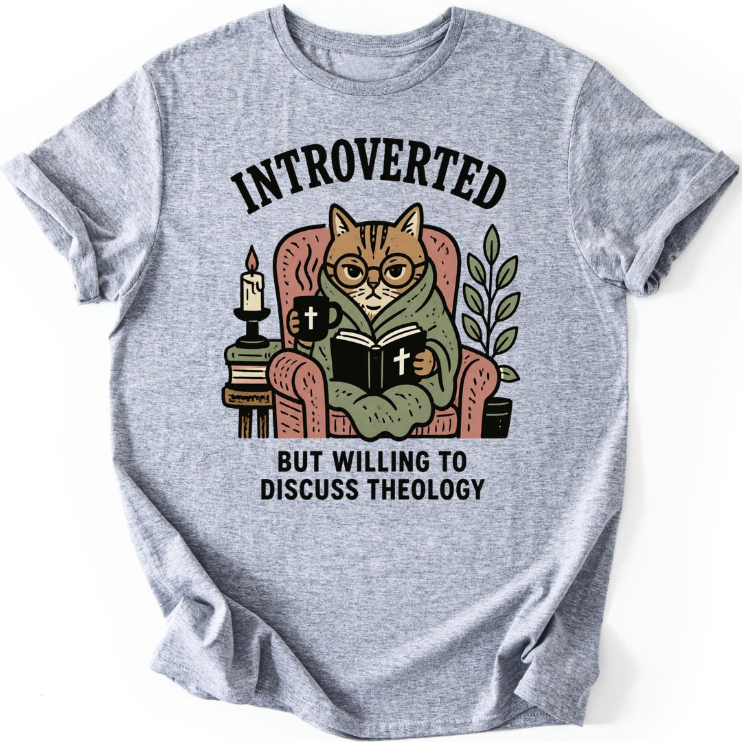 Introverted Theology Cat T-shirt — Sport Grey